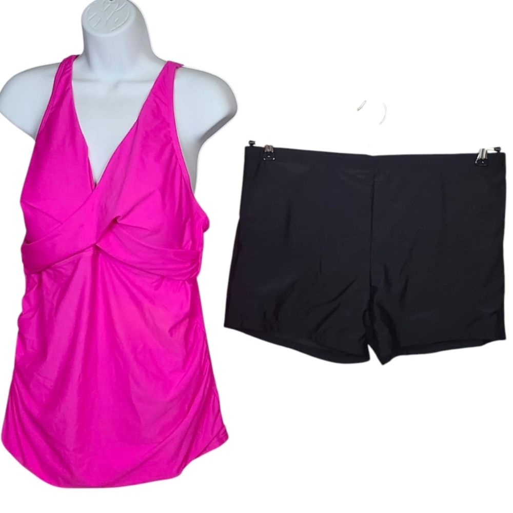 Aqua Eve 16W Pink Tankini With Black Boy Shorts NWT